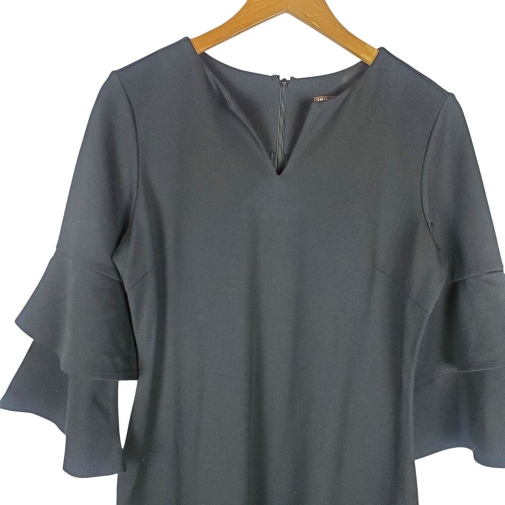 J McLaughlin Letty Dress Sz M Black Tiered Bell Sleeve Bainbridge Cloth Stretch - Picture 7 of 14